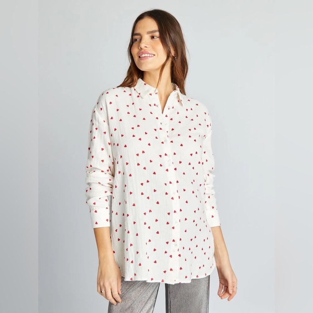 Lucky Brand Cream Shirt with Red Heart Pattern